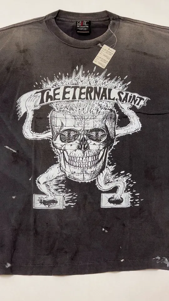 SAINT Mxxxxxx SS TEE/THE ETERNAL/BLK Latest Skeleton Beetle Distressed Sulfur Dyeing Retro Short Sleeves Washed Black S-XL Garment Dyeing Rewashed for Distressed Horse Replacement Faded Top Printing Technology Simulates Natural Distressed Style Really Correct Version Original Consistent Main Mark/Washed Mark/Angel Anti-Counterfeiting Mark